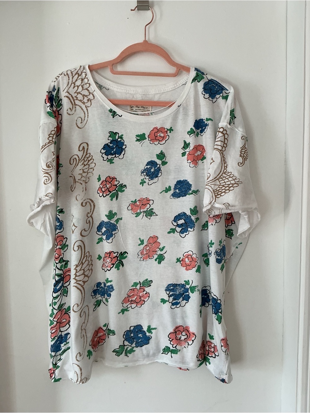 We The Free White Floral Short Sleeve Tee with Blue and Pink Flowers